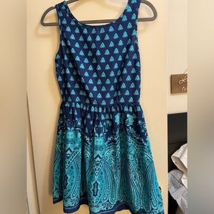 Pinky blue and turquoise patterned fit and flare dress